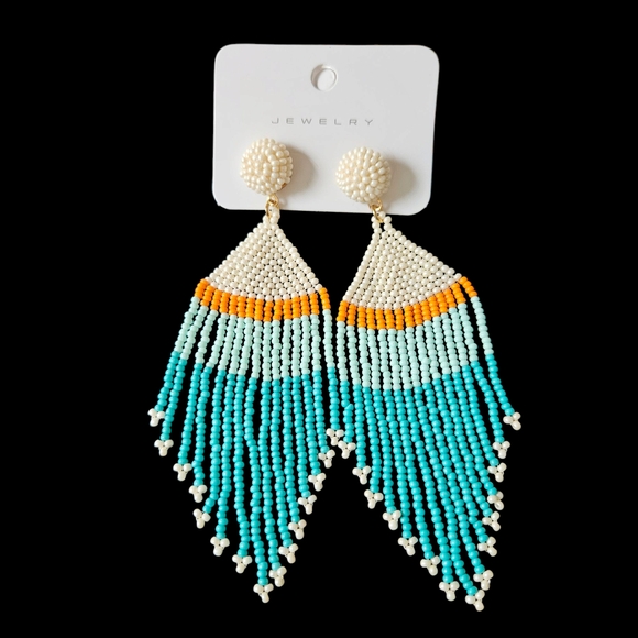 NWT - Elegant Beaded Fringe Earrings - Turquoise, Orange, and Cream - Picture 2 of 7